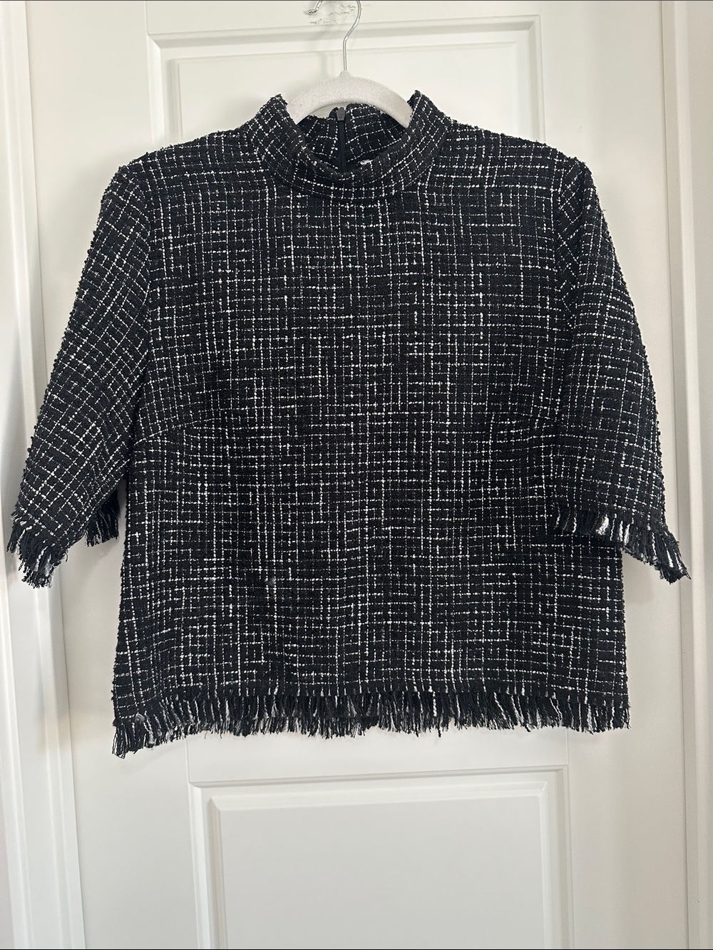 ZARA Black White Frayed Textured Tweed Plaid Short Sleeve Blouse Top L
